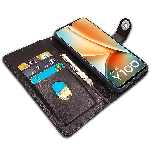 Image of Pikkme Vivo Y100 5G Flip Cover Leather Finish | Inside TPU with Card Pockets | Wallet Stand and Shock Proof | Complete Protection Button Flip Case (Coffee)