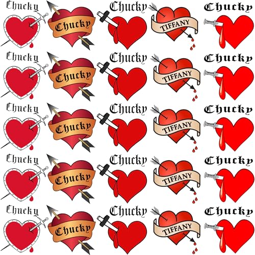 25 PCS Bride Of Chucky Tattoo Heart Tiffany Costume Bride Of Chucky Temporary Tattoos For Women Girls Fake Chucky Heart Tattoo Stickers Halloween Accessory Zombie Chucky Makeup Kit
