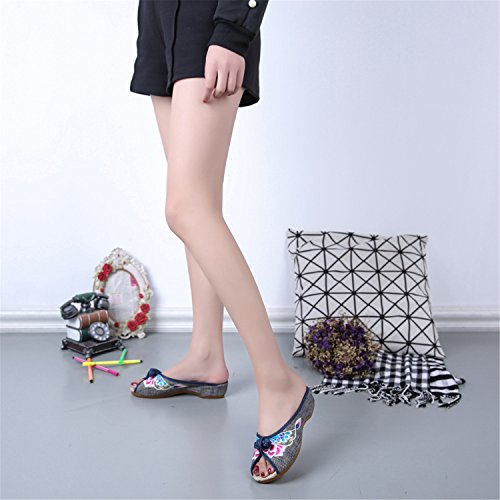 Qhome Women's Floral Embroidery Comfortable Casual Canvas Mules House Slippers Shoes2