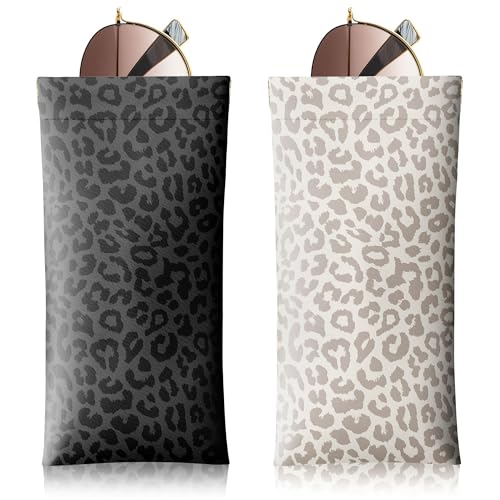 LVYUNF 2 Pack Leopard Print Black And Grey Sunglasses Glasses Case 7x3.5Inch Pu Leather Soft Eyeglass Cases for Women with Cleaning Cloth Portable Cute Sunglasses Pouch Squeeze Top for Men Women