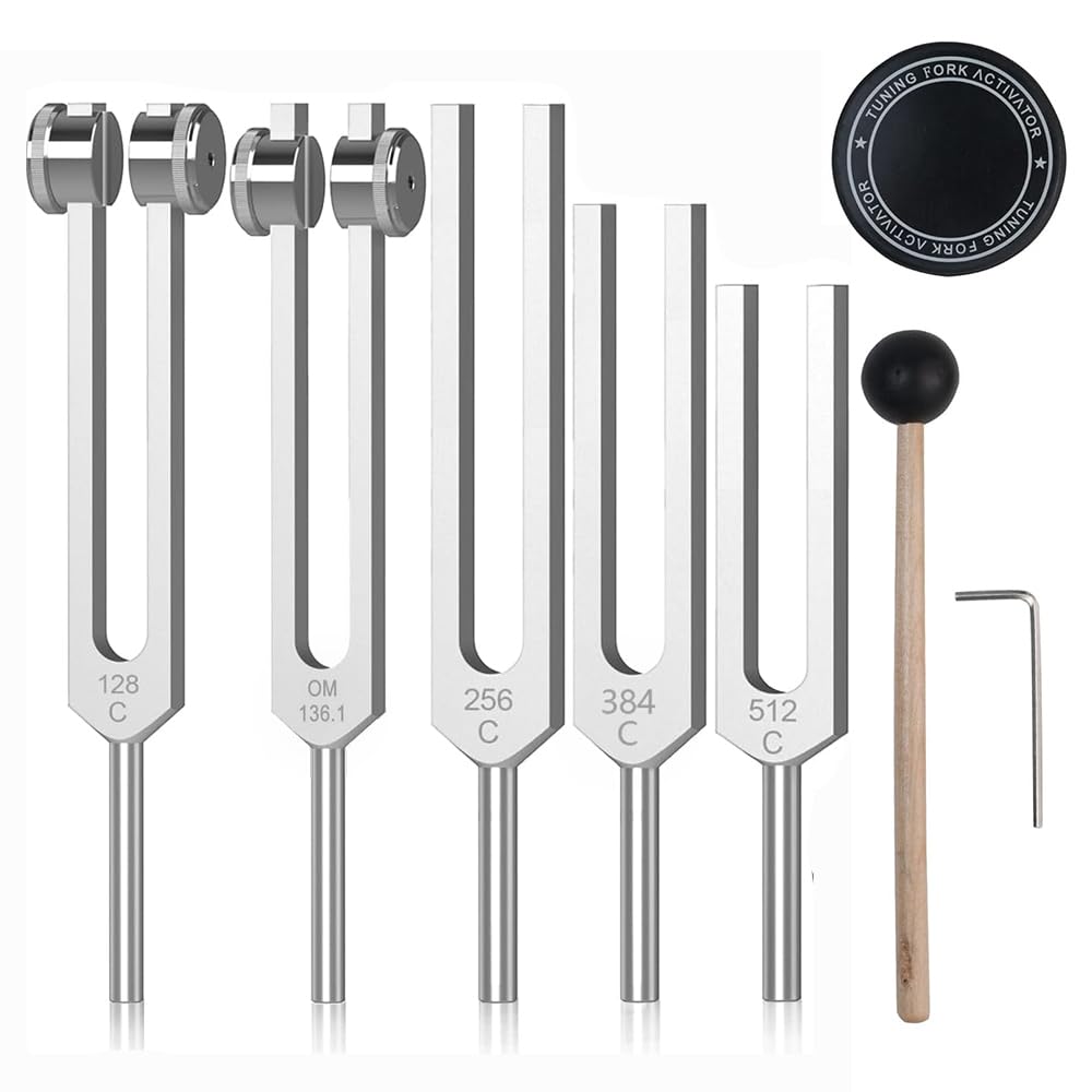 Diapason 128Hz Thérapeutique Jeu de 5 Diapasons 128HZ 136.1HZ 256HZ 384 Hz 512 Hz pour Thérapie Chakras Son Soulagement Stress