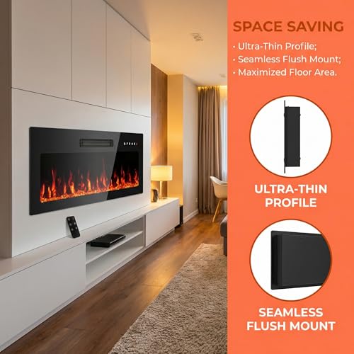 Image of 36 inch Electric Fireplace Insert, Wall Mounted & Recessed Heater, Slim Freestanding Indoor Fireplace with Remote Control, Adjustable Flame Colors & Brightness, Timer, 1400W