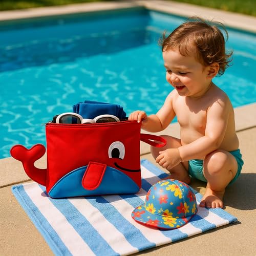Image of Waterproof Swimming Bag for Kids | Mini Preschool Nursery Travel Backpack | Wet Dry Separation Beach Storage Bag for Boys & Girls (Whale Shape Red-Blue)