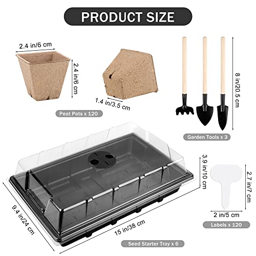 Hahood 6 Pack Seed Starter Tray Kit With 120 Square Peat Pots For Seedlings, Including Plants Labels, Planting Tools, Growing Trays Plastic Germination Tray Paper Starter Pods For Plant Seeds, Black #TOP1