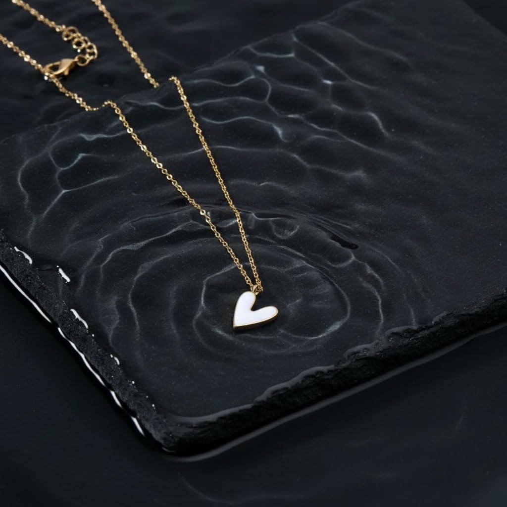 18K Yellow Gold Plated Heart Necklace for Women – 15.5” Cuban Link Chain, White Enamel Heart Pendant, Hypoallergenic, Nickel-Free, Waterproof – Dark Water Collections