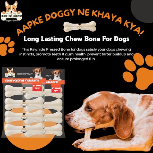Image of EXCITE BITES Pressed Rawhide Bones for Dog Treats | Dog Calcium Bone Dog Chewing Needs | 4Inch & 5Inch Calcium Bone Treat for All Dogs | Combo Offer (4 inch-4Pcs) (5 inch-4Pcs), 465g (Pack of 2)