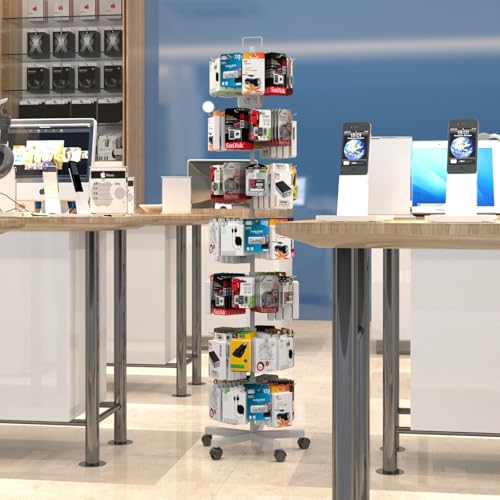 Image of Upgraded Retail Display Stand 7 Tier Spinning Display Stand, Movable Shop Spinner Rack with Hooks, Retail Display Racks for Jewelry Keyring Hats Socks Toys (White)