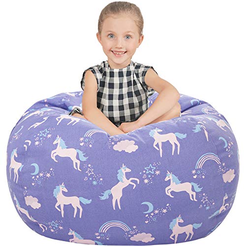 Aubliss Stuffed Animal Storage Bean Bag, Unicorn Bean Bag Chair, Stuff 'n Sit for Kids, Medium 32"-Canvas Unicorn Blue