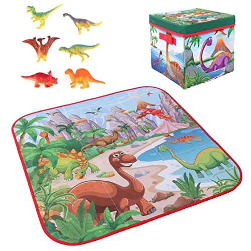 WnewTools 72x72cm Children Cartoon Play Mat+6 Dinosaur Toy Square Folding Box Camping Mat Kid Toddler Crawling Picnic Carpet