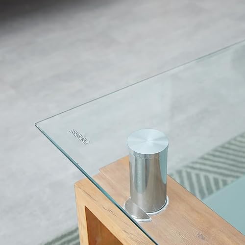 Miniatura 38 de Mesa auxiliar para sala de estar, mesa de centro moderna con almacenamiento, mesa central de vidrio de 2 niveles con patas de madera, muebles para