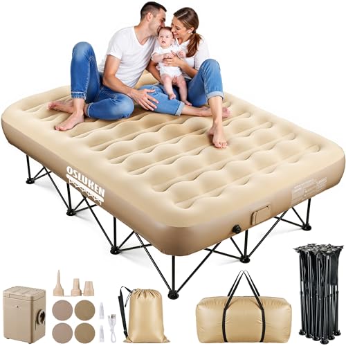 Keoslpy Upgraded Queen EZ Bed Air Mattress with Frame, Self-Inflating Air Mattress Built in Pump Strong Support, Blow Up Queen Airbed Folding Camping Bed for Camping, Home, Guests, Portable Travel