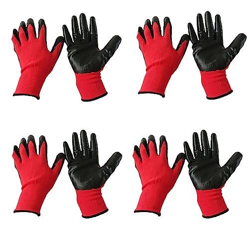 Image of Multipurpose Nylon Anti Cut PU Nitrile Coating Work Safety Gloves, Hand & Fingers, Gardening, Mechanical, Construction, Agriculture & Automotive - Durable & Comfortable (4 Pairs Red Black)