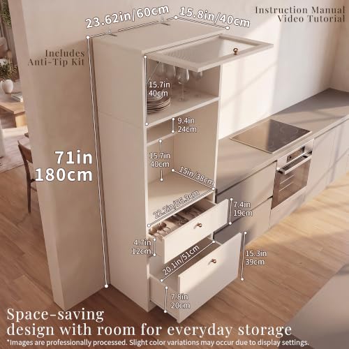 Image of 71 inch Tall Pantry Cabinet with Microwave Shelf & Coffee Station White | Extra Deep Storage Hutch,Adjustable Shelves,Hydraulic Lift Door,Cable Management,Drawer,Anti-Tip,Freestanding,Kitchen Storage