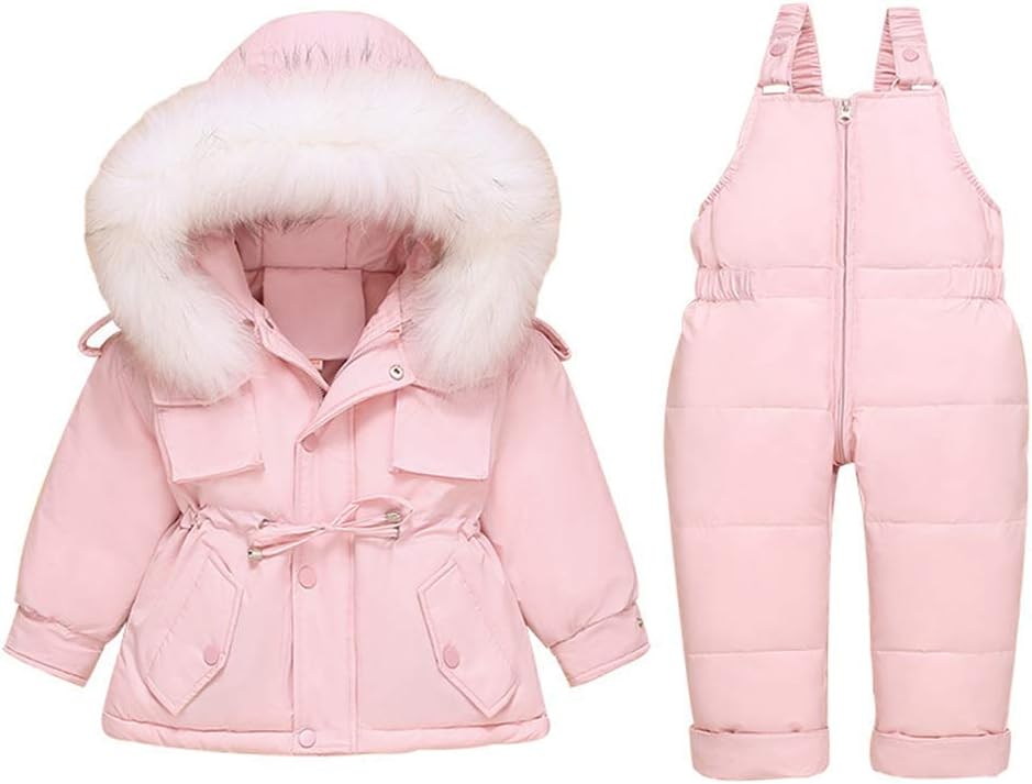 Bestgift Baby Hooded Down Jacket Ski Bib 2 Piece Ski Coat Pants Winter Outfits Set