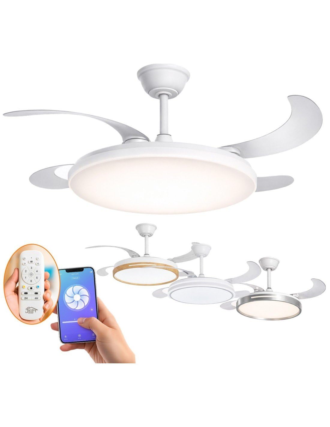 JARDIN202 - Ventilador de Techo Wifi Alexa/Google Home con Aspas Retráctiles, Motor DC, Temporizador, Luz LED Regulable, Mando a Distancia | 50 cm (Zahara Wifi Blanco)