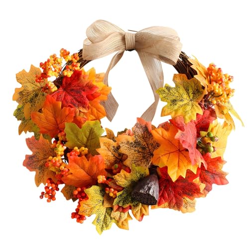 Couronne Automne,Deco Automne Interieur, Couronne De Porte Halloween,LED 40 Cm Couronne De Porte Automne avec Baies Et Feuilles D'éRable Citrouille (A)
