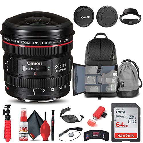 Canon EF 8-15mm f/4L Fisheye USM Lens (4427B002) + Backpack + 64GB Card + Card Reader + Flex Tripod + Memory Wallet + Cap Keeper + Cleaning Kit + Hand Strap + More (Renewed)