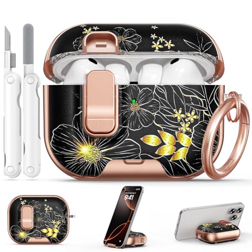 Image of for AirPods Pro 3 Case 2025 with Safety Lock-Black Gold Leaves | As Phone Stand, for Women Girly, with Keychain & Cleaner Kit,Two-Piece Design,Support Wireless Charging,Clear TPU+PC Material