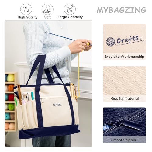 Image of MYBAGZING Canvas Yarn Storage Organizer Bag Washable Crochet Bag with Pockets for Yarn, Hooks, Needles - Travel Knitting Tote for Crafters - Gift for Crocheters & Knitters (Medium /Large)