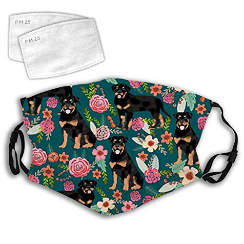 MOSDELU Rottweiler Floral Dog Reusable Washable Anti-Dust Gauze Face Cover with Filters, Earloop