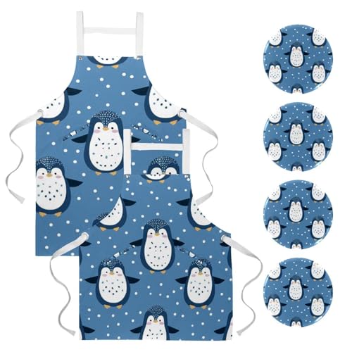 Tabliers de cuisine pingouin bleu réglables avec poches lot de 2