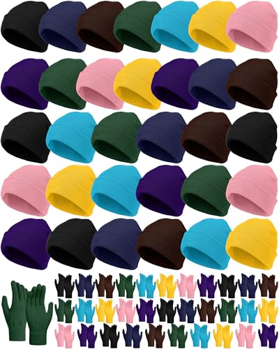 Image of JaGely 64 Pcs Kids Hats and Gloves Bulk Winter Beanies Hat Gloves for Toddler Boys Girls School Donation Wholesale