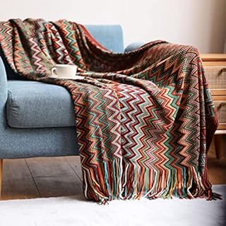 ESPFHN Bohemian Knitted Throw Blanket Nordic Style Throw with Tassels, Acrylic Knitted Throw Decorative for Sofa Chair Bed Couch Settee, Warm Thick Armchair Cover Soft Blanket 127*152cm(Blue)