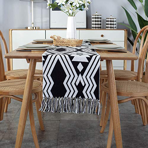 Hpx Home Braided Cotton Boho Table Runner Geometric Moroccan Farmhouse Dresser Scarf With Handmade Woven Tufted Tassels For Bedroom Coffee Dining Party Table Decor (12.5 X 86 Inch Black) #TOP25