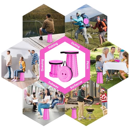 Image of Qiguet Collapsible Stool, Folding Chair - Upgraded Portable Chair with Load Capacity 400lbs, Portable Stool for Camping Fishing Hiking - Folding Stool with Carrying Strap,Gifts for Fisherman(All Pink)