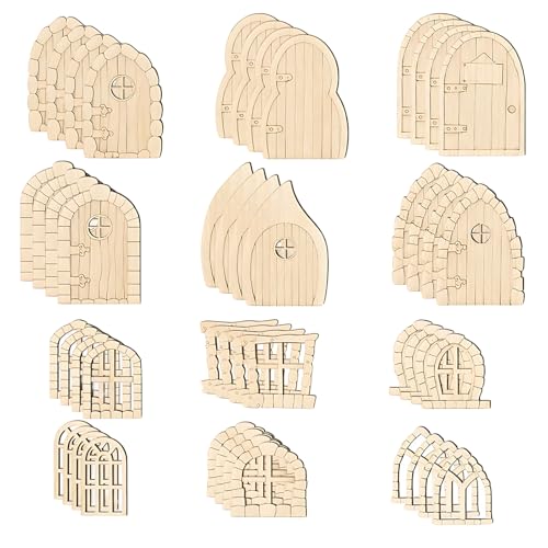 QiiWuic 48 Pcs Fairy Door Fairy Doors For Garden Fairies For Fairy Gardens Whimsical Elf Door Collection with Natural Wood Finish Magical Fairy House Accessories for Creative Displays