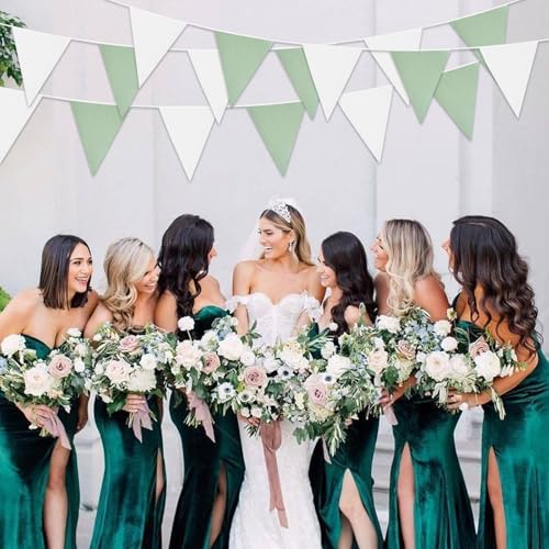 Image of Zwiebeco 39Ft Green White Fabric Bunting Banner Triangle Flags Hanging Cotton Garland Pennant for Spring Tea Party Birthday Wedding Baby Shower Outdoor Garden Decorations 42PCS