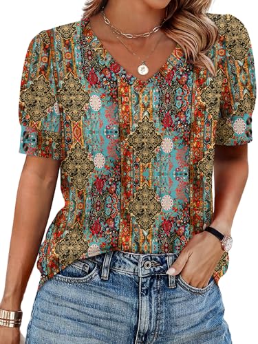 Boho Tops for Women Beach Vacation Clothes Spring Summer Outfits Plus Size Short Sleeve Shirts...