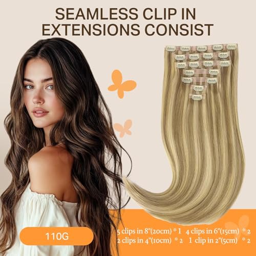 Image of DOORES Human Hair Clip in Extensions, Light Blonde Highlighted Golden Blonde 22 Inch 110g 7pcs, Seamless Clip in Hair Extensions Real Human Hair Remy Straight Skin Weft Invisi Edge Hair Extensions