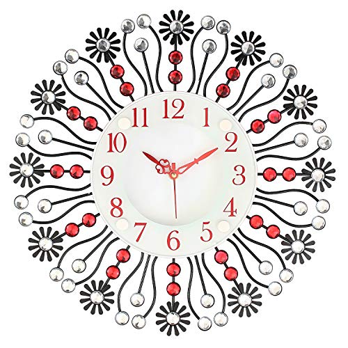 Image of CHRONIKLE Floral Design Stylish Round Diamond Studded Analog Metal Crystal Wall Clock for Living Room Home Decorations Office Gifts (Size: 37 x 5 x 37 CM | Color: Red & Black | Weight: 735 Gram)