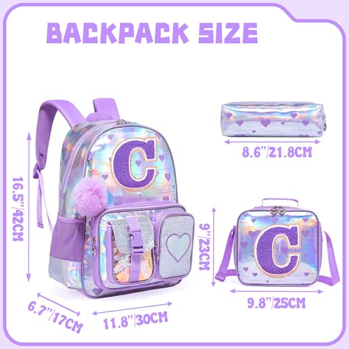 Meetbelify Backpack for Girls Backpacks with Lunch Box Pencil Case for Elementary Student Kids School Travel Bag for Girls Ages 6-8 Years Old Purple C2