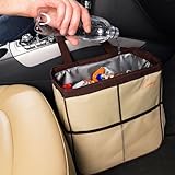 Creathing Lab Car Trash Bag Hanging, Large | Sturdy, Tearproof Auto Garbage Can Beige, with Lid | 3 Gallons 11.5