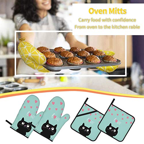 Pink Hearts And Cute Cartoon Cat Blue Background Oven Mitts And Pot Holders Sets 4 Pcs Set, Heat Resistant Soft Cotton Lining With Non-Slip Surface Oven Gloves For Kitchen Cooking Baking Bbq #TOP5
