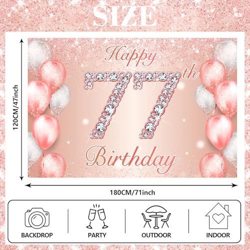 Image of Happy 77th Birthday Rose Gold Banner Cheers to 77 Years Old Backdrop Confetti Balloons Theme Decor for Women 77 Years Old Pink Birthday Party Decorations Bday Supplies Background Favors Gift Glitter