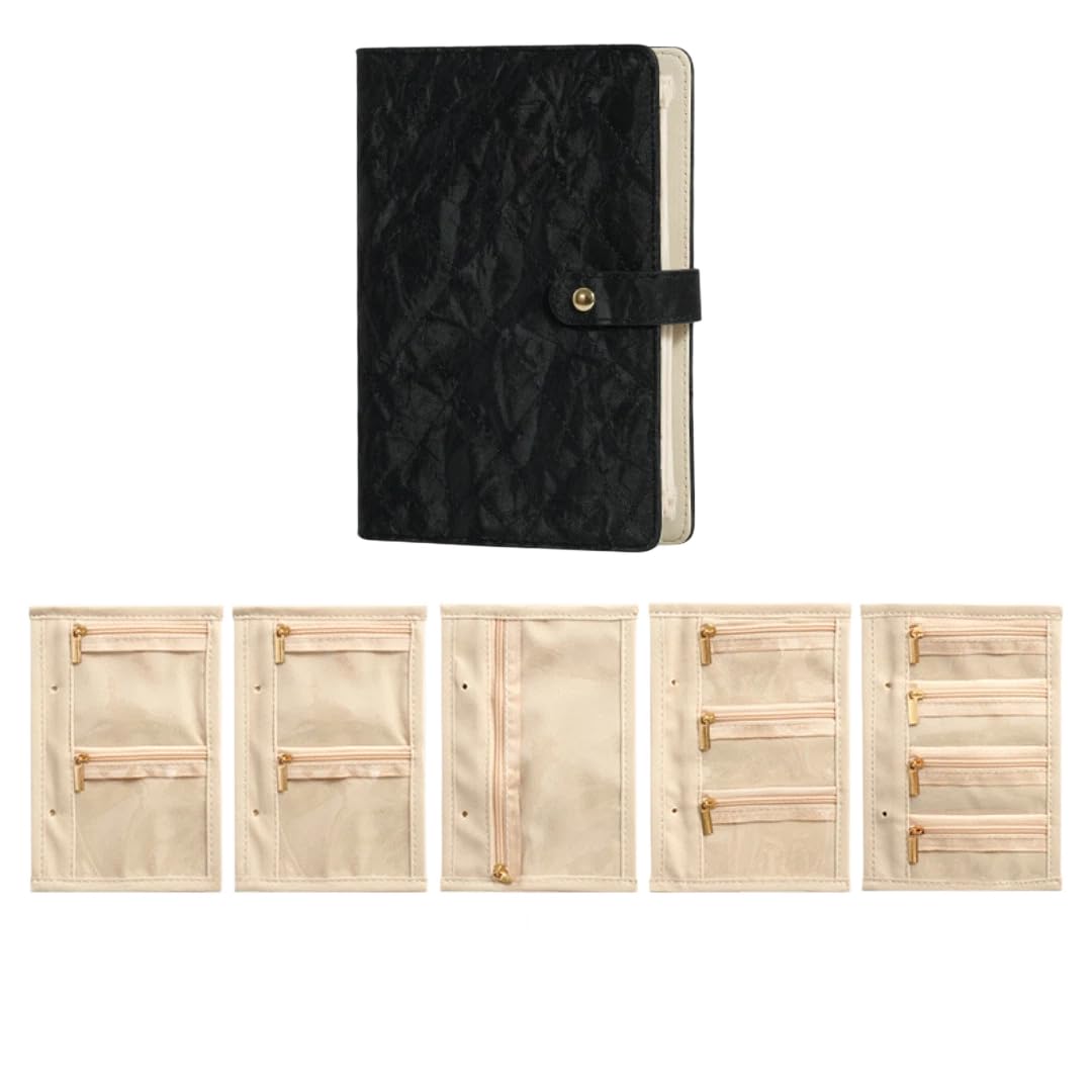 JIANAIYANGIWQ Travel Jewelry Notebook, Portable Jewelry Travel Case with 5 Detachable Velvet Zipper Pouches, Faux Leather Binder Organizer for Rings, Earrings, Necklaces, Bracelets(Velvet Black)