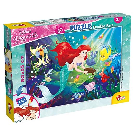 Liscianigiochi Puzzle para niños 2 en 1, Doble cara con reverso para colorear, Disney La Sirenita, Multicolor, 60 piezas