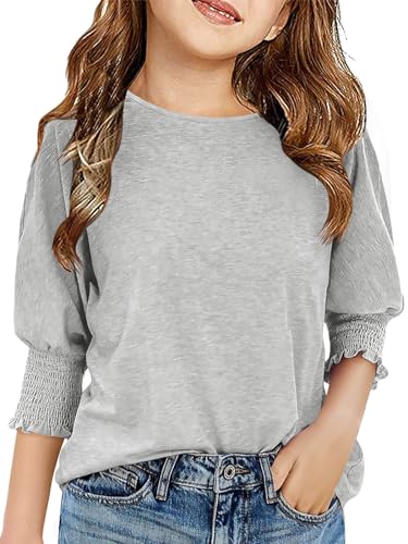 Haloumoning Girls' 3/4 Sleeve T Shirts Summer Cute Crewneck Basic Tees Ruffle Casual Blouse for 5-14Y
