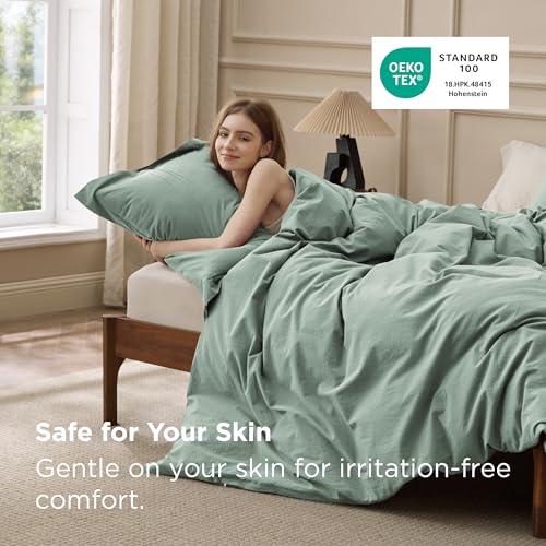 Image of Bedsure 100% Washed Cotton Duvet Cover Queen Size - Iceberg Green Minimalist Bedding Set Linen Like - PureWoven Plain Simple & Soft Comforter Cover for All Seasons (Iceberg Green, Queen, 90 inchx90 inch)