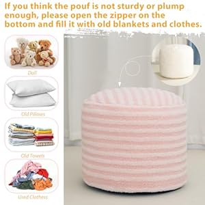 Round Pouf Ottoman Stuffed Pouf Foot Rest Stool Floor Chair Poufs for Living Room Bedroom Faux Fur Poufs with Foam Chunk Filling Storage Ottoman Pouf 20 X 15 Inch Boho Poof for Couch Pink White
