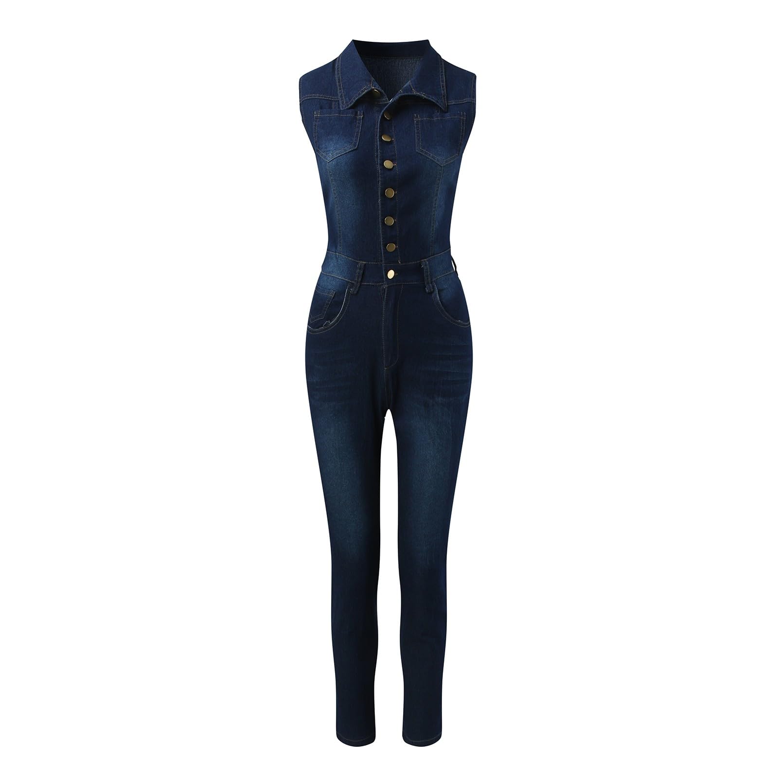 Jeans Jumpsuit Damen Sommer Lang Jeanshose Overall Denim Einteiler Hose Sexy V-Ausschnitt Ärmellosse Romper Skinny Slim Fit Playsuit Strampler Hosenanzug Onesie Jumpsuits für Frauen
