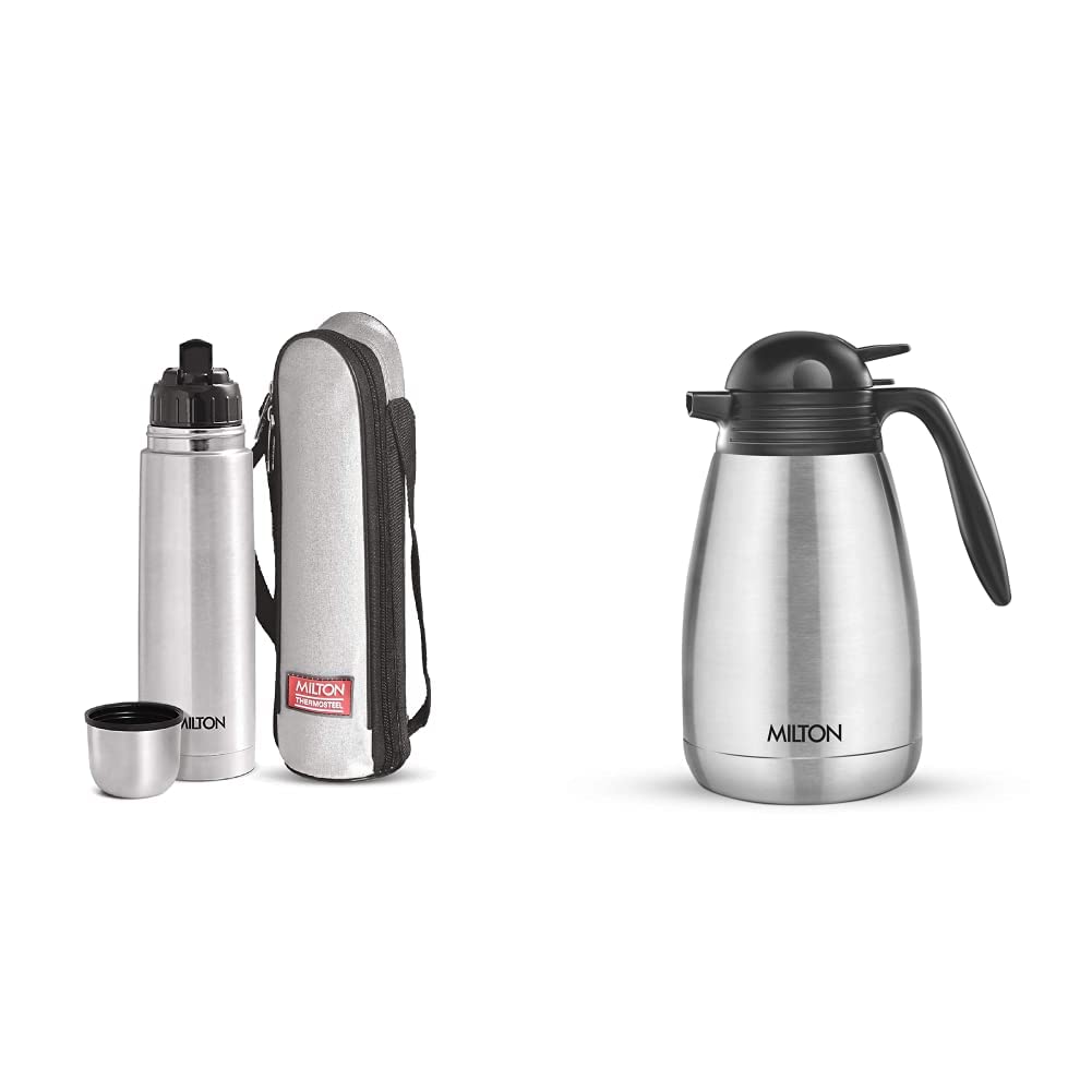 Milton Thermosteel Flip Lid Flask, 500 millilitres, Silver & Thermosteel Carafe 1500 ML - Steel Plain Combo - Image 1