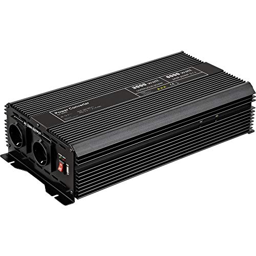 58892 Spannungswandler/ Wechselrichter/ Inverter 12V auf 230V 3000W/ 6000W mit 2x AC-Steckdosen und 1x USB-Anschluss (2100mA), schwarz