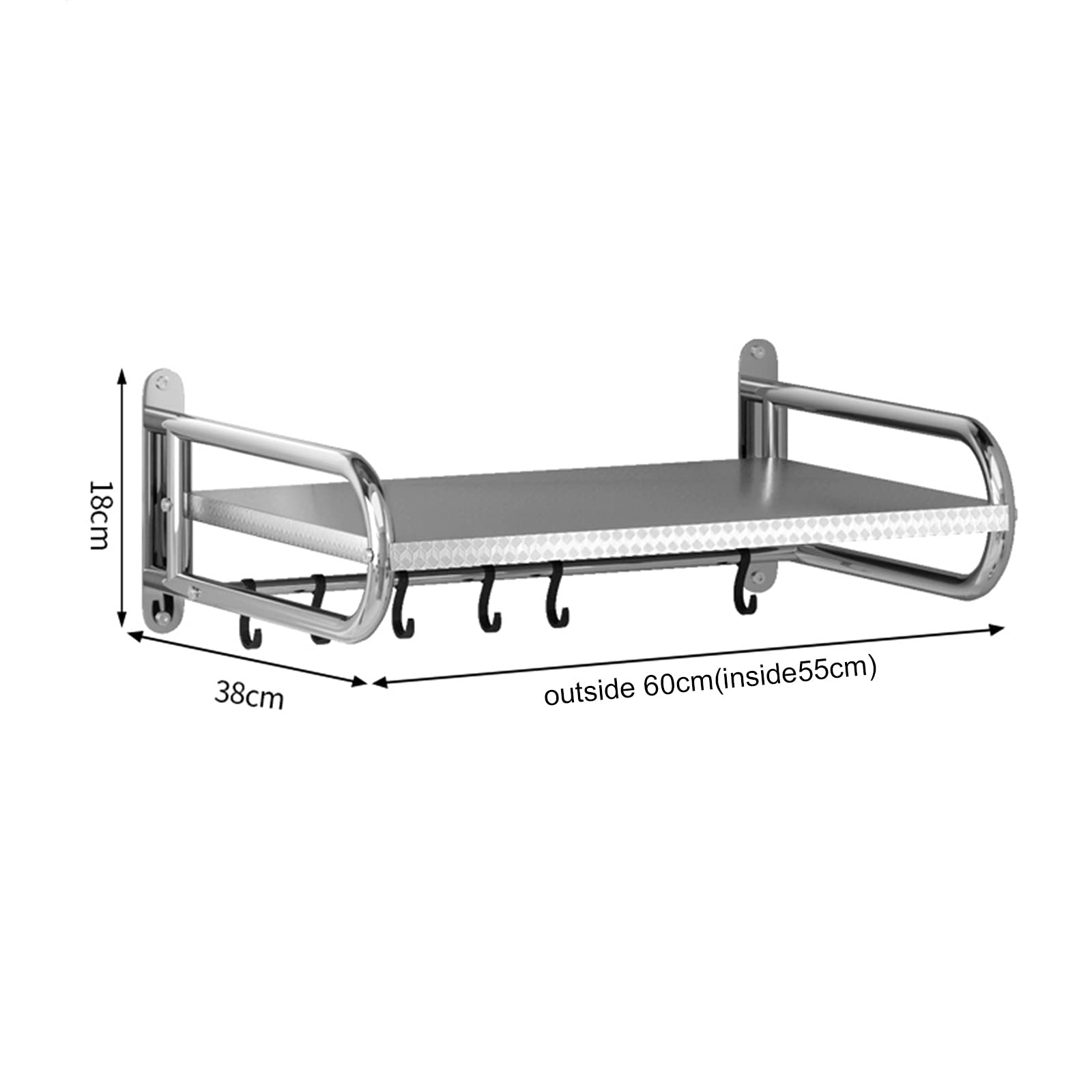 Wandmontiertes Mikrowellenregal aus Edelstahl 304, robust, mit Ablagefach und Haken, 60 cm, universelle Wandmontage für platzsparende Lösungen