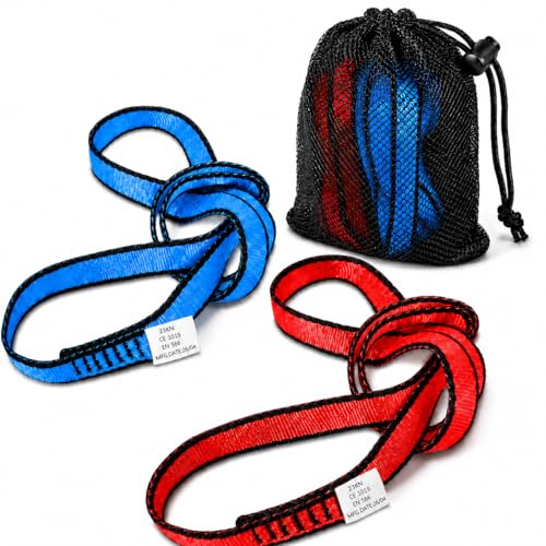 Kletterschlinge 2er Pack 23KN | Bandschlinge Klettern 19mm | CE Zertifiziert | Nylon Bandschlinge für Yoga Standplatzbau Rettung | mit Netzbeutel (Rot+Blau 60 cm / 24 Zoll | Pck 2)