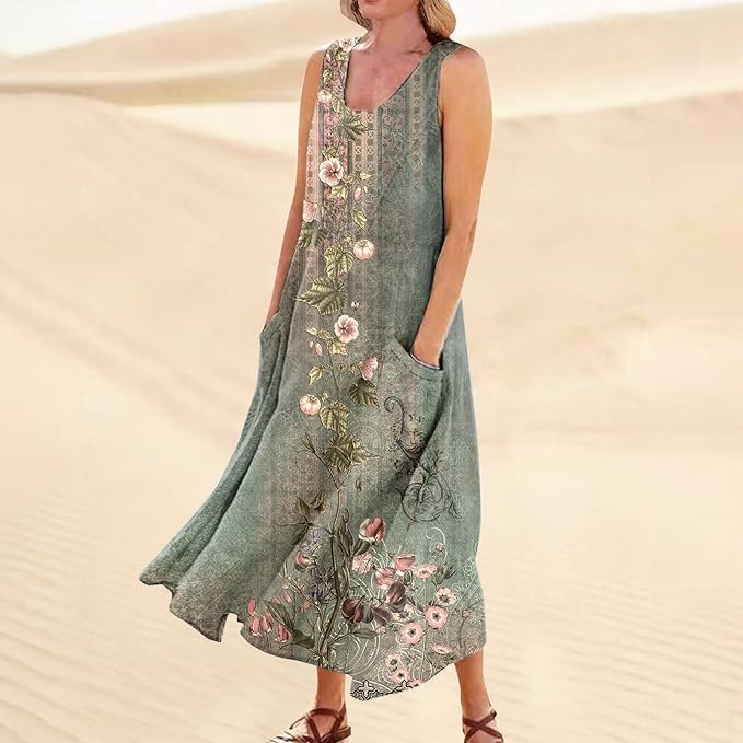 Image of Apvirdy Linen Dress for Women Summer Sleeveless Solid Casual Baggy Flowy Maxi Dresses with Pockets