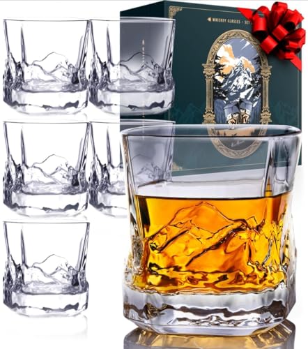 Unique Everest Bourbon Glasses Set of 6 in Fabric-Lined Gift Box - Mountains Theme - Heavy Freezable 8 OZ Old Fashioned Whiskey Glasses Set of 6 - Scotch Glass Set 6 - Whiskey Gifts for Men